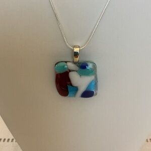 Artisan Fused Glass Silver Tone Pendant Necklace